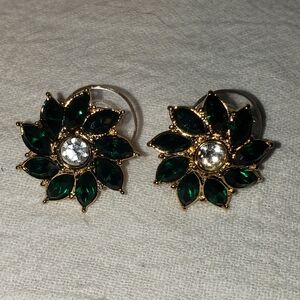 Beautiful Vintage Monet Emerald Green and White Rhinestones pierced Earrings